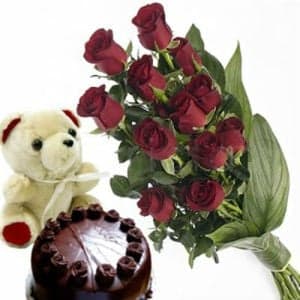 1/2Kg Chocolate Cake, Soft Toy and 12 Red Roses